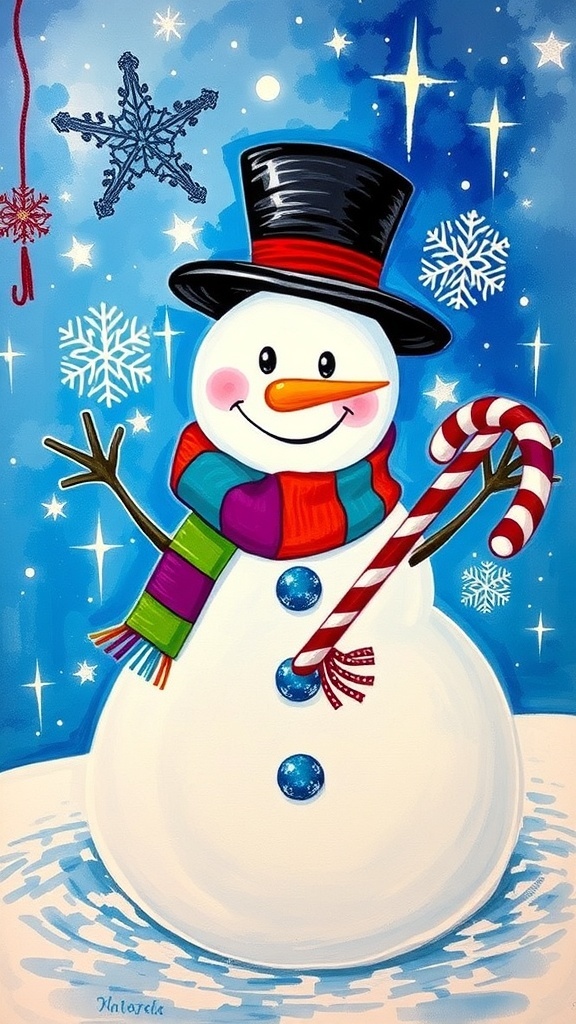 Quirky Christmas Painting Ideas A quirky snowman painting with a colorful scarf and candy cane in a winter scene.